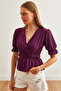 Women's Purple Double Breasted Blouse with Elastic Waist Blz- 19002187 - 3