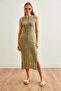 Women's Khaki Openwork Detailed Slit Summer Knitwear Dress Elb- 19002233 - 2