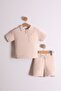 Boy's Shirt Collar Terry Fabric Ecru T-Shirt - 2-Piece Set with Shorts