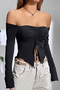 Off-The-Shoulder Slit Lace-Up Asymmetrical Black Blouse 4093 - 3