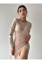 Beige Long Sleeve Slit Midi Dress - 4
