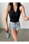 Women's Shirt Collar Button Detailed Backless Crop Blouse Black - 7