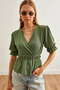 Women's Khaki Double Breasted Blouse with Elastic Waist Blz- 19002187 - 5