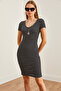 Black Striped Stretchy Mini Women's Dress - V-Neck ELB-19002225 - 3