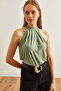 Women's Green Lapel Buttoned Halter Neck Flowy Blouse Blz- 19002673 - 3