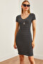 Black Striped Stretchy Mini Women's Dress - V-Neck ELB-19002225