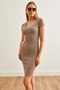 Women's Striped Camel V-Neck Stretchy Mini Dress ELB-19002225 - 5