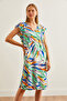 Women's Mint Green Digital Printed V-Neck Summer Knit Dress ELB-19002227 - 6