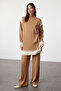 Camel Rahat Kesim Triko Çizgili Tunik-Pantolon Alt-Üst Takım TCTAW24US00057