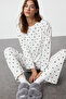 Beyaz %100 Pamuklu Puantiye ve Kalpli Örme Pijama Takımı THMAW25PT00039 - 2