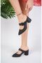 Women's Black Laser Perforated Heeled Casual Slippers - 3