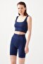 Women's Navy Blue Strappy Ribbed Square Neck Crop Top Bustier Square - 6