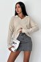 Women's Beige Polo Neck Cotton Basic Knitwear Blouse - 3