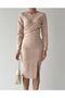Beige Long Sleeve Slit Midi Dress - 3