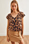 Women's Leopard Camel V-Neck Digital Printed Knitwear Blouse Blz- 19002700 - 2