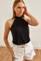 Women's Black Collar Buttoned Halter Neck Flowy Blouse Blz- 19002673