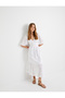 Long Scalloped Dress with Balloon Sleeves, Deep Neckline and Buttons