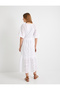 Long Scalloped Dress with Balloon Sleeves, Deep Neckline and Buttons - 4