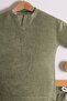 Boys' Crew Neck Half Placket Terry Fabric Khaki T-Shirt - 2-Piece Set with Shorts - 2
