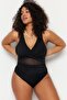 Siyah Belde Cut Out Mesh/Tül Detaylı Büyük Beden Mayo TBBSS23AM00037 - 8