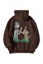 Brown Unisex Oversize Hooded Kangaroo Pocket Middle Finger RickMorty Printed Sweatshirt Hoodie