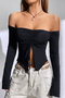 Off-The-Shoulder Slit Lace-Up Asymmetrical Black Blouse 4093