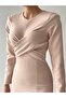 Beige Long Sleeve Slit Midi Dress - 2