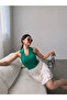 Women's Shirt Collar Button Detailed Backless Crop Blouse Green - 3