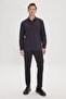 Men's Black Slim Fit Slim Fit Buttoned Collar Linen Look 100% Cotton Flared Shirt - 2