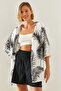 Women's Black and White Sleeves Lace Detailed Patterned Viscose Kimono 30051057 - 5