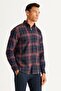 Men's Navy Blue-Claret Red Slim Fit Narrow Cut Button Collar Cotton Shirt