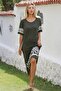 Khaki Pool Collar Short Sleeve Pocketed Printed Knitted Casual Dress - 2