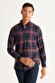 Men's Navy Blue-Claret Red Slim Fit Narrow Cut Button Collar Cotton Shirt - 3