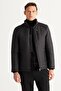 Men's Black Standard Fit Regular Cut Stand Collar Shoulder Detailed Winter Coat - 3