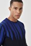 Men's Black Cobalt Blue Standard Fit Crew Neck 100% Cotton Jacquard Warm Knitwear Sweater - 2