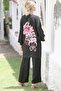 Kimono Collar Black-Pink 3/4 Sleeve Embroidered Woven - Elastic Waist Wide Leg Set - 8