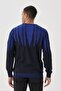 Men's Black Cobalt Blue Standard Fit Crew Neck 100% Cotton Jacquard Warm Knitwear Sweater - 5