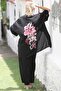 Kimono Collar Black-Pink 3/4 Sleeve Embroidered Woven - Elastic Waist Wide Leg Set - 7