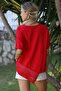 Red Asymmetrical Casual Blouse with Round Neck and Mesh Detail - 8