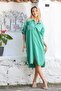 Sea Green Shirt Collar Buttoned 3/4 Sleeve Sequined Pocket Slit Woven Casual Dress - 5