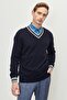 Men's Navy Blue-gray Standard Fit Regular Cut V-Neck Knitwear Sweater