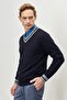 Men's Navy Blue-gray Standard Fit Regular Cut V-Neck Knitwear Sweater - 4