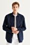 Men's Navy Blue Comfort Fit Relaxed Cut Cotton Diagonal Patterned Shirt - 3