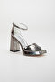 Women's Thick Heeled Square Platform Platinum Shiny Evening Dress Shoes - 4