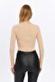 Women's Camel Crew Neck Ribbed Knitted Crop Blouse - 6