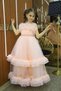 Tulle Ruffle Two-Layered Pearl Belt Detailed Long Evening Dress for Girls - 4