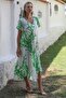 White-Green V-Neck Dropped Sleeve Allover Printed Woven Casual Dress - 2