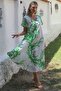 White-Green V-Neck Dropped Sleeve Allover Printed Woven Casual Dress