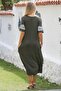 Khaki Pool Collar Short Sleeve Pocketed Printed Knitted Casual Dress - 7