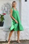 Green Strappy Washed Woven Casual Cotton Dress with Ruffled Hem - 3